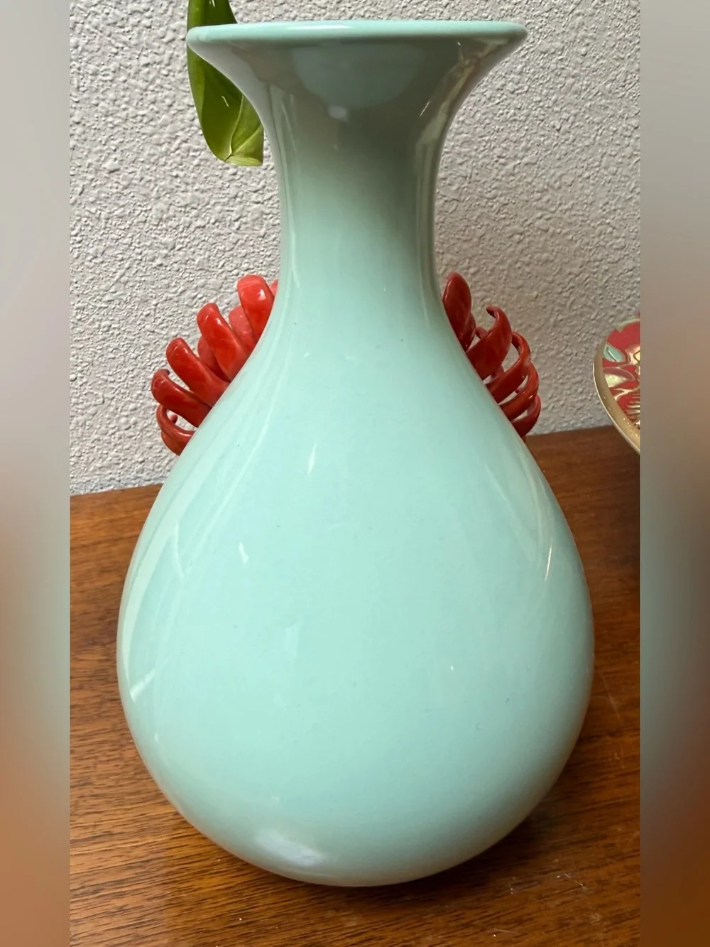 Anthropologie Celadon Blue 3D Red Chrysanthemum Ceramic Vase Rare